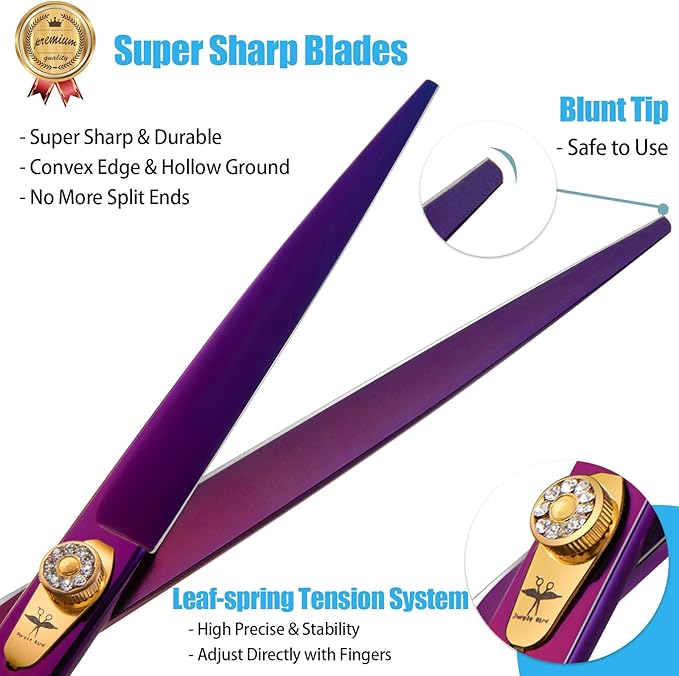 PURPLEBIRD 8 Inch Straight Dog Grooming Scissors Professional Pet Cutting Shears Safety Noiseless Blunt Tip Trimming Shearing for Dogs Cats Japanese Stainless Steel Purple
