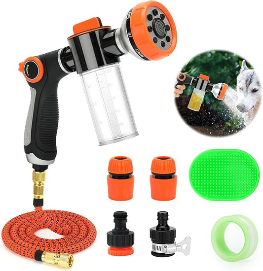 Rypet Dog Wash 8 Pieces Pet Bathing Tool Set Includes Expandable Hose Nozzle Foam Sprayer Connector Dog Rubber Brush for Bathing Dog, Horse or Other Pet
