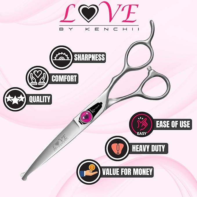 Kenchii Love Dog Grooming Scissors, 6.5 Inch Straight Balltip Shears, Dog Scissors for Grooming, Professional Pet Grooming Scissors, Safety Round Tip Shears