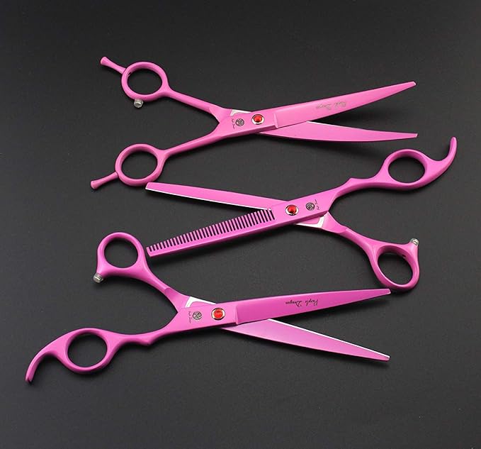 Purple Dragon 7.0 inch Pink 3PCS Pet Grooming Scissors Cat Dog Hair Cutting & Thinning Shears Set for Women Female Pet Groomer