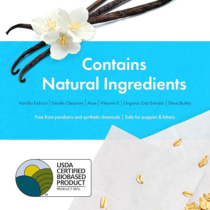 Petkin Plant-Based PetWipes, 200 Wipes, 6 Count - Biobased, Sustainable, Big & Thick Pet Wipes for Dogs & Cats - for Face, Paws, Ears, Body & Eye Area - Consciously Cleans & Conditions - Vanilla