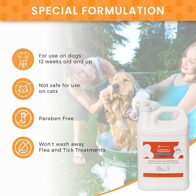 Antiparasitic & Antiseborrheic Dog Shampoo - Sulfur, Salicylic Acid and Oatmeal - Dry, Itchy, Hot Spot, Dermatitis (1 Gal)