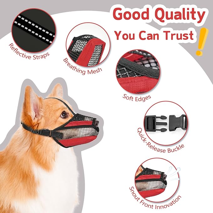 Dog Muzzle for Large Medium Small Dogs, Soft Mesh Muzzle for Dogs with Reflective Adjustable Strap, Prevent Biting Chewing and Licking, Dog Nose Open Design for Reduction Friction (Red, XL)