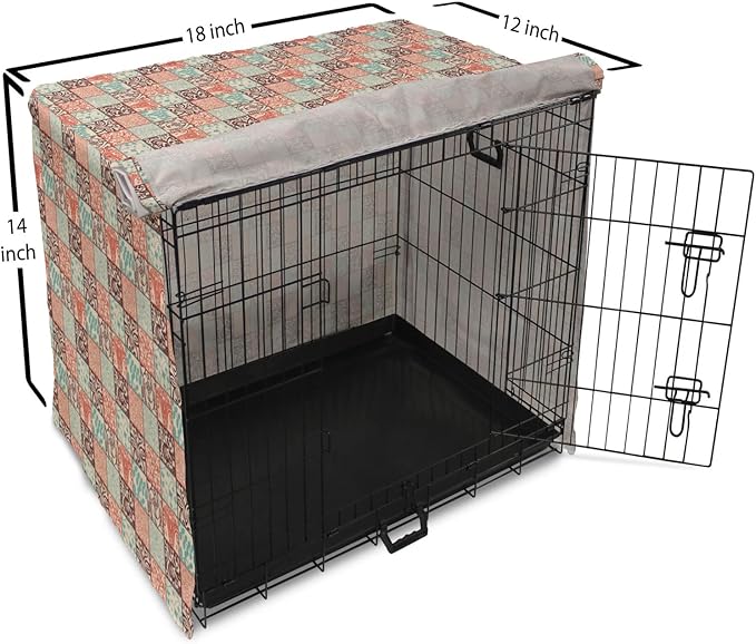 Lunarable Geometric Dog Crate Cover, Western Style Floral Motifs with Vintage Look in Checks, Easy to Use Pet Kennel Cover for Small Dogs Puppies Kittens, 18 Inch, Brown Vermilion