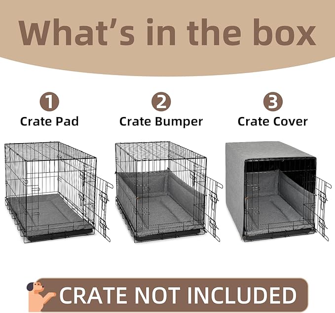 3-Piece Waterproof Dog Crate Cover Set with Kennel Cover, Bed Mat & Bumper Pad - Washable Pet Crate Accessories Fit for 36 Inch Dog Cages (36", Gray)