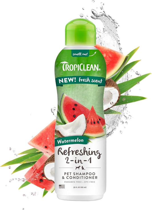 TropiClean 2-in-1 Dog Shampoo and Conditioner, Moisturizing Dog Detangler, Puppy Safe, Made in the USA, Watermelon Scent, Cat & Kitten Safe, 20oz.