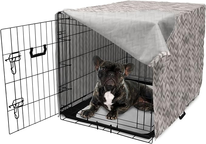 Lunarable Chevron Dog Crate Cover, Monochrome Stripes 3 Dimensional Pattern Geometric Chevron Design Abstract, Easy to Use Pet Kennel Cover for Cats & Medium Dogs, 24 Inch, Taupe and Grey