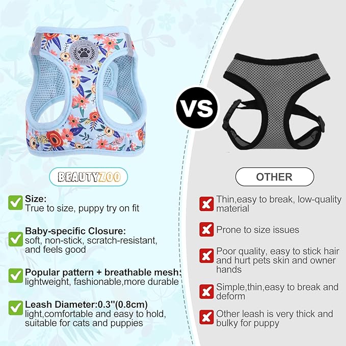 BEAUTYZOO Step in Dog Harness and Leash Set, Floral Pattern Reflective Dog Harness No Pull No Choke Puppy Harness for XXS XS S Dogs Cats, Soft Padded Mesh Vest Harnesses for Girl and Boy Pets