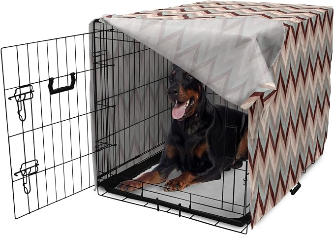 Lunarable Chevron Dog Crate Cover, Ikat Zig Zags Wavy Nostalgic Vintage Design, Easy to Use Pet Kennel Cover for Medium Large Dogs, 42 Inch, Dried Rose Pale Blue