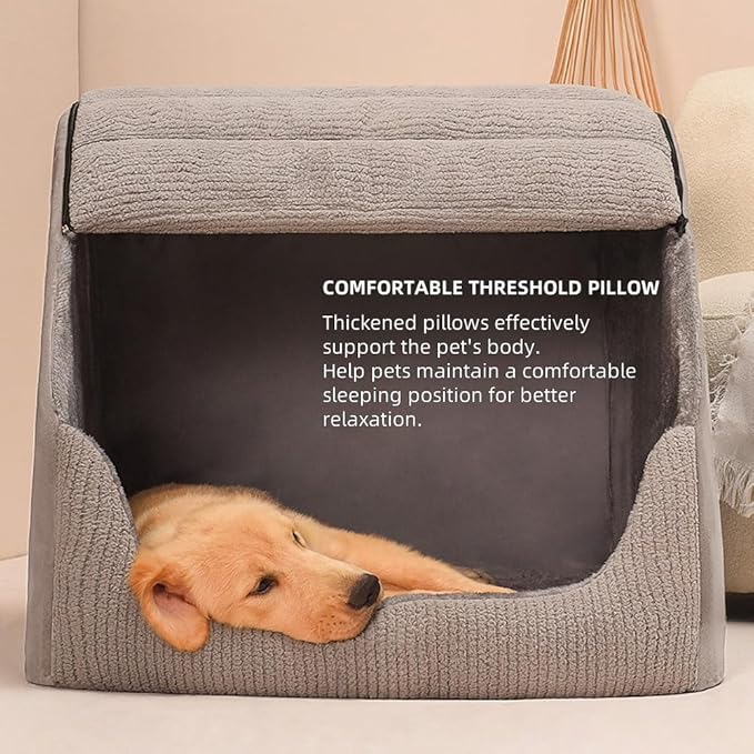 Extra Large Dog Bed House, Cozy Dog House Indoor, Memory Sponge, Plush Dog Cave Bed Crate Cushion with Non-Slip Bottom for Medium Large Dogs (Grey, L)