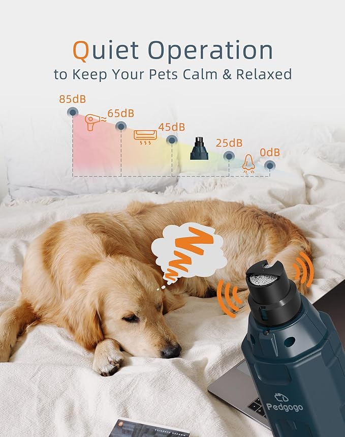 Dog Nail Grinder Super Quiet (45 db) 6-Speed pet nail grinder with 2 LED Lights 12000RPM & Professional 3 Grinding Ports Rechargeable Dog Nail Trimmer for Large Medium Small Dogs with Dust Cap