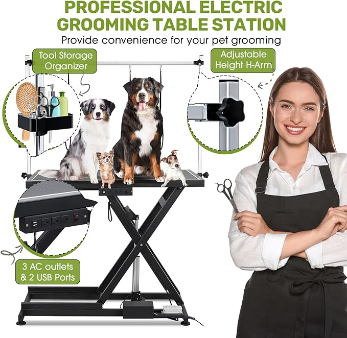 PullaFun 50" Professional Dog Grooming Table,Heavy Duty X-Type Electric Lift Large Pet Grooming Table w/Aluminum Dog Grooming Arm,Anti Slip Tabletop,Tool Organizer/Dog Grooming Station(Black, 50")