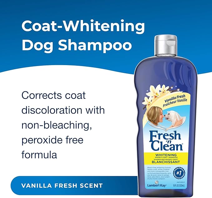 PetAg Fresh ’n Clean Whitening Snowy-Coat Shampoo, Vanilla Scent - 18 oz - Bleach-Free Formula to Correct Yellow Discoloration - Strengthens & Moisturizes Coats - Soap Free