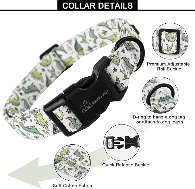 ARING PET Dinosaur Dog Collar-Cute Dog Collar for Small Dogs, Adjustable Comfortable Cotton Boy Dog Collars for Small Medium Large Dogs, Small