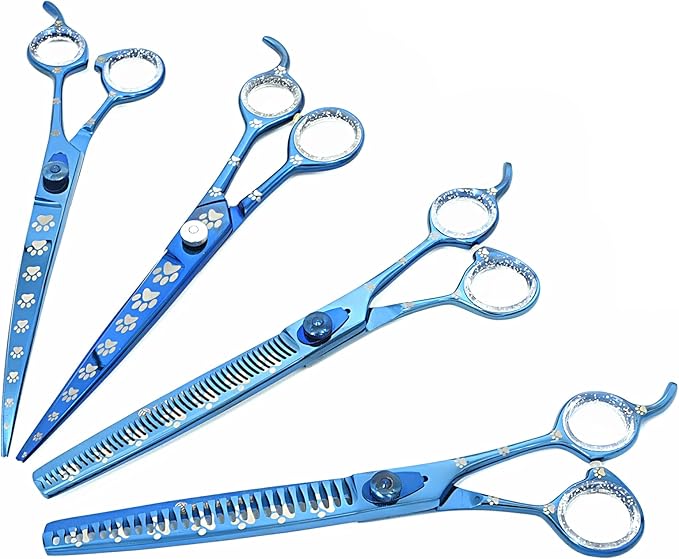 Professional Dog Grooming Scissors Set of Straight, Curved, Thinner/Blender and Chunker Shears with Paw Prints for Dogs, Cats & Pets (Right Handed, Blue, Stainless Steel 8 Inch)