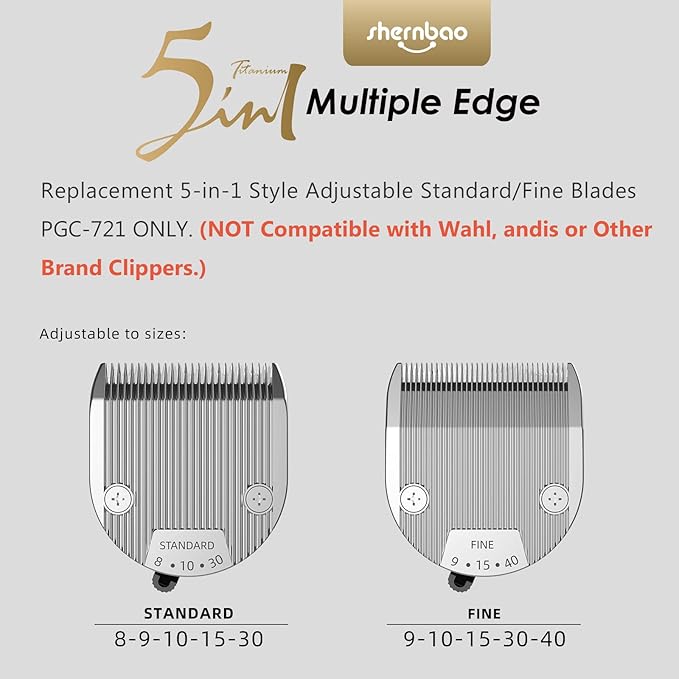 shernbao 5-in-1 Adjustable Pet Clipper Blades PGC-721 Clippers ONLY. (NOT Compatible with Wahl, andis or Other Brand Clippers)(Standard)