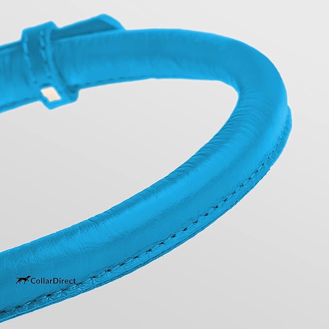 CollarDirect Rolled Leather Dog Collar, Soft Padded Round Puppy Collar, Handmade Genuine Leather Collar Dog Small Large Cat Collars 13 Colors (6-7 Inch, Light Blue Textured)