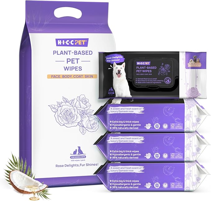 HICC PET Cleaning Deodorizing Wipes for Dogs & Cats, Vet Recommended Nourishes Smoothes Fur Pet Grooming Wipes with Fermented Coconut Oil, Hypoallergenic Dog Wipes for Paws and Butt, Face, Body