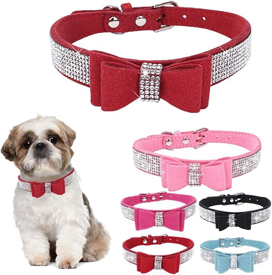 Red Medium Dog Collar for Girl, Christmas Diamond Dog Collar with Bow tie, Female Cat Collars Rhinestone Crystal Jeweled Bling Sparkling Glitter for Small Medium Large Dogs,M