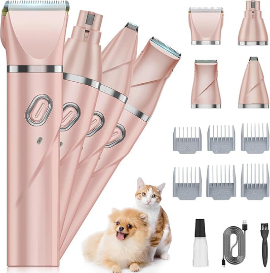 Upgrade Dog Grooming Kit, Cordless Dog Paw Trimmer, 4 in 1 Low Noise Pets Hair Clipper Grooming Kit, 2-Speed Nail Grinder with Stainless Steel Blade for Small Pet with Thick Coats (Pink)