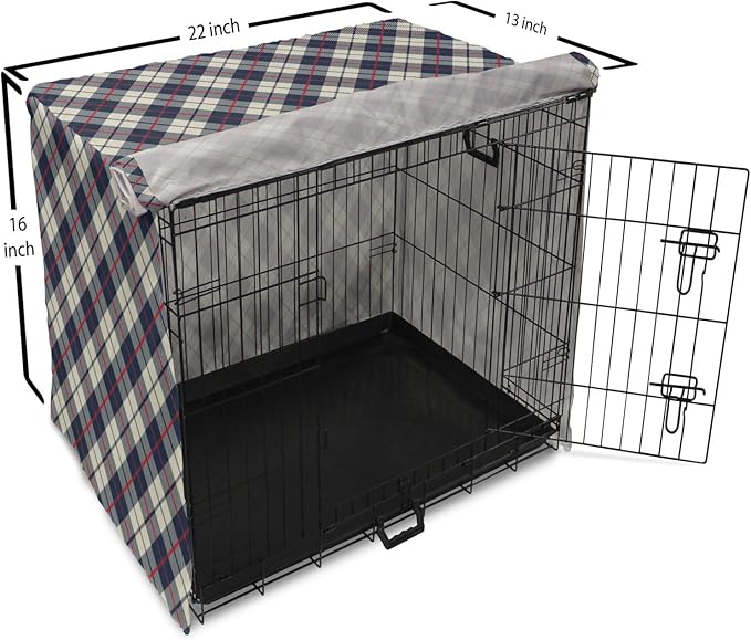 Lunarable Plaid Dog Crate Cover, Celtic Fashion Diagonal Retro Style Classical Irish Culture Inspiration, Easy to Use Pet Kennel Cover for Small Dogs Puppies Kittens, 22 Inch, Night Blue Red Beige