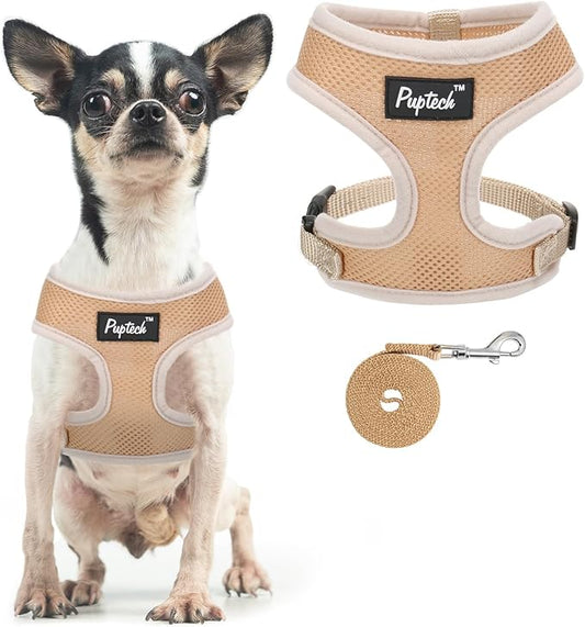 PUPTECK Soft Mesh Dog Harness and Leash Set Pet Puppy Cat Comfort Padded Vest No Pull Harnesses, Solid Beige, XS