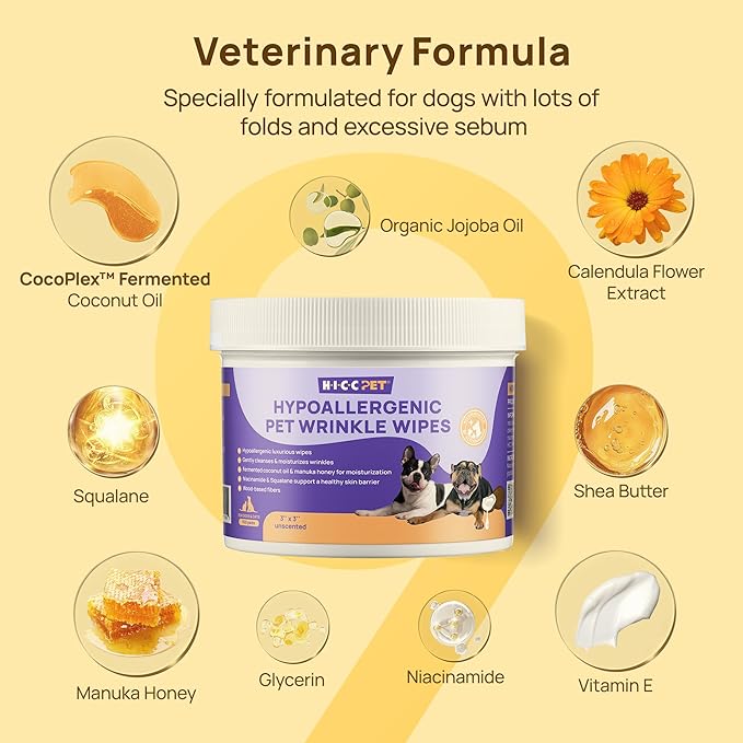 HICC PET Wrinkle Wipes for Dogs- 100 Count Hypoallergenic Wrinkle Wipes French Bulldog, Cleans Deodorizing, Anti-Itch Tear Stain Remover, Vet-Recommended Dog Face Wipes Great for Pug, English Bulldog