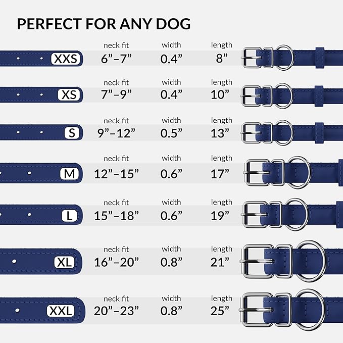 CollarDirect Rolled Leather Dog Collar, Soft Padded Round Puppy Collar, Handmade Genuine Leather Collar Dog Small Large Cat Collars 13 Colors (15-19 Inch, Deep Blue Textured)