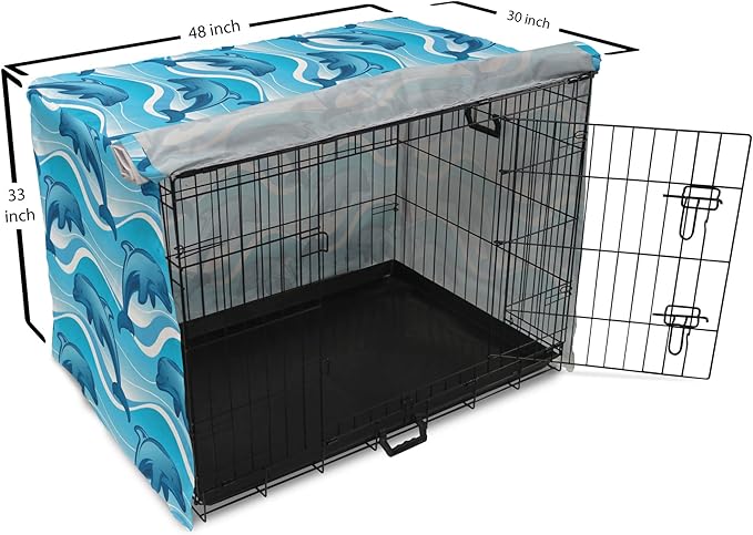 Lunarable Dolphin Dog Crate Cover, Dolphin Illustration Jumping Waves with Large Mammal Friendly Ocean Animal, Easy to Use Pet Kennel Cover for Medium Large Dogs, 48 Inch, Azure Blue White