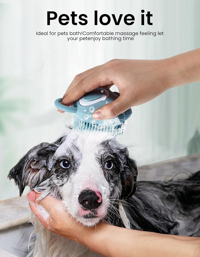 Dog Bath Brush, Pet Shampoo Brush Scrubber Massage Dispenser, Soft Silicone Grooming Shower Brush for Short Long Haired Dogs and Cats Washing, Blue