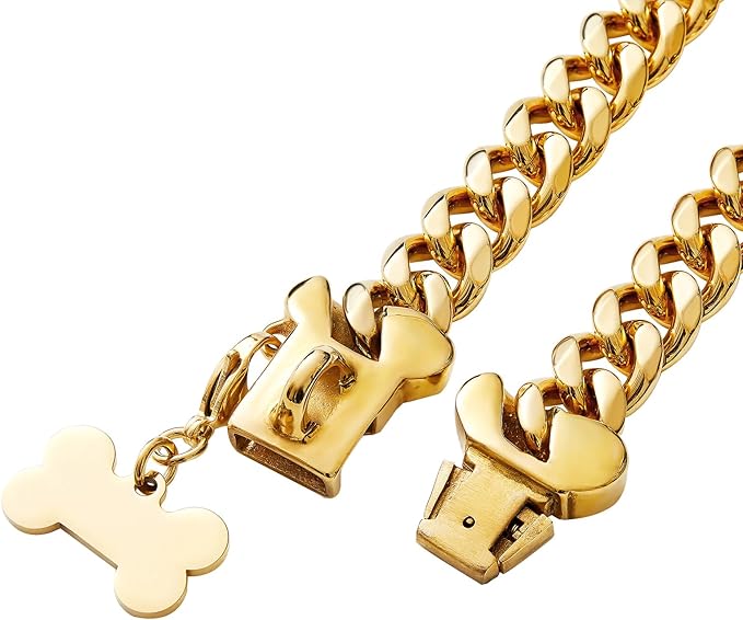 15mm Wide Strong Stainless Steel Bone Style Buckle Gold Dog Chain Collar,18K Gold Plated Cuban Link Chain Dog Necklace Collar for Small Medium Large Dogs - 18''