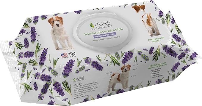 Pure and Natural Pet Grooming and Cleansing Dog Wipes (Lavender and Rosemary) 100 ct