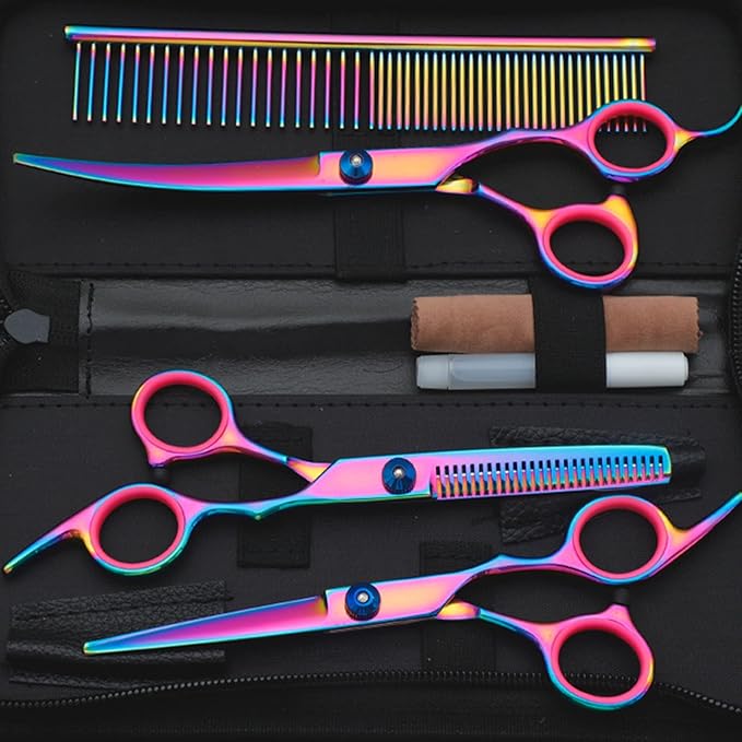 Pet Grooming Scissors Set, 7 in 1 Dog Grooming Scissors Set with Storage Box, Includes Straight & Thinning & Curved Scissors