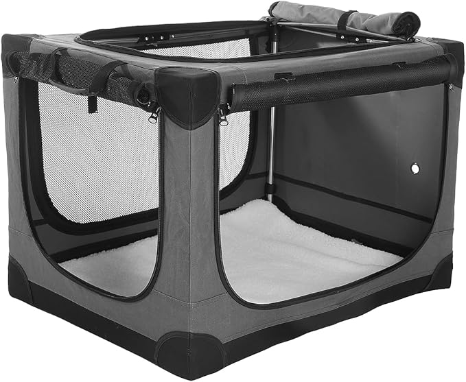 30-Inch Collapsible Travel Dog Crate, Portable 4-Door Soft Kennel for Medium to Large Dogs, Chew-Proof Mesh Windows, Indoor/Outdoor Use, Foldable, with Storage Bag (Grey)