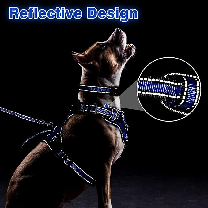 WINSEE Pet Harness Collar and Leash Set, All-in-one Reflective Dog Harness No Pull with Adjustable Buckles for Puppies, Small, Medium, Large, and Extra-Large Dogs (X-Large, Dark Blue)