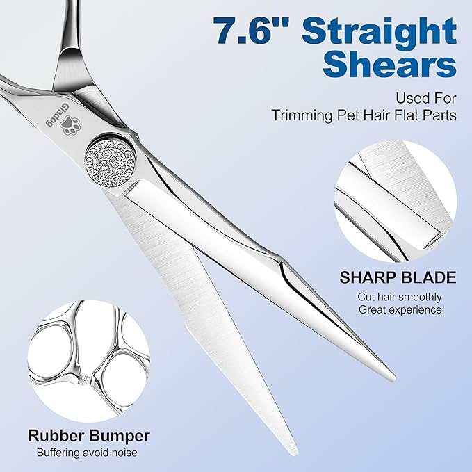 GLADOG Luxury Dog Grooming Scissors Set - 7" Straight, 6.5" Thinning, 7" Chunkers, 7" Curved Dog Shears for Grooming - 9CR Steel, Professional Grooming Kit, Pet Grooming Scissors for Dog and Cats