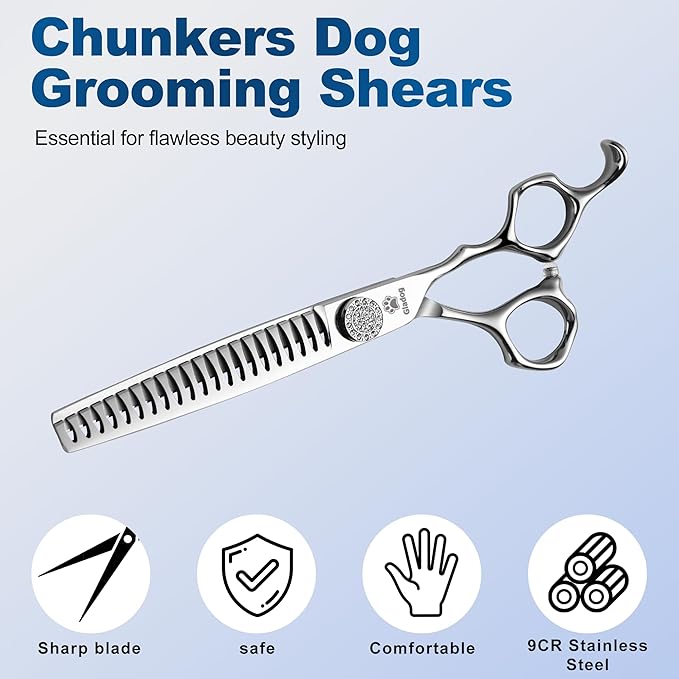 GLADOG 7" Chunkers Dog Grooming Scissors - Premium 9CR Dog Scissors for Grooming with Luxurious Diamond Nut，Ideal Dog Grooming Shears for Reducing Bulk, Dog Hair Scissors，Cat Grooming Scissors