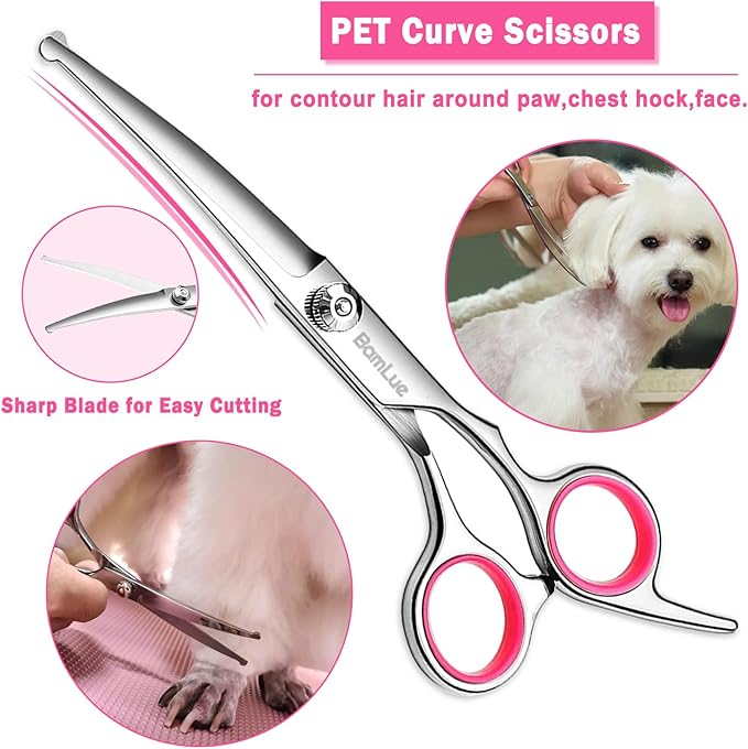 Bamlue 6 in 1 Professional Stainless Steel 4CR Safety Round Tip Dog Grooming Scissors, Anti-Rust Shears Cat Grooming Scissors Pet Kit, Thinning Straight Comb for Long Short Hair-Pink