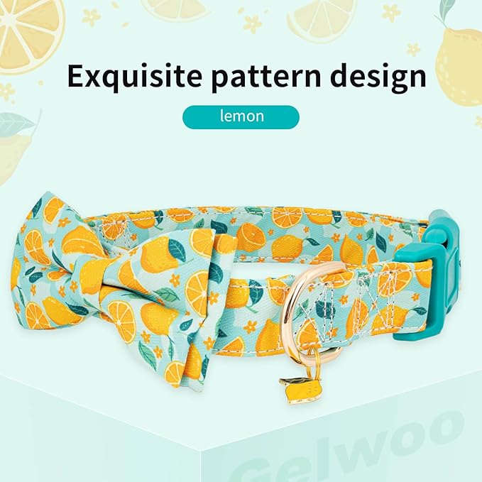 Fashionable Dog Collar with Bow Tie for Small Medium Large Dogs,Cute and Soft Puppy Collar for Male Female Dogs, Yellow Durable Cotton Dog Collar with Adjustable Buckle Lemon Pattern (S, Yellow Lemon)