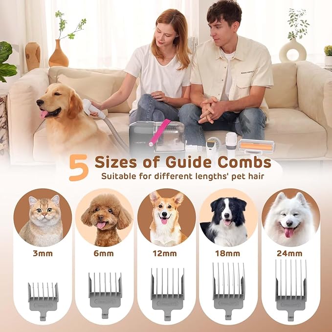 Dog Grooming Vacuum Kit - 3L Vacuum with 7 Tools, Low Noise Electric Clipper and Brush for Pet Shedding at Home, Gray