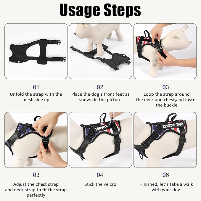 Demigreat Service Dog Harness, Reflective Dog Vest Harness with 5 PCS Patches, Adjustable Soft Oxford Pet Harness, Inner Layer Mesh, Easy to Control for Small Medium Large Dogs