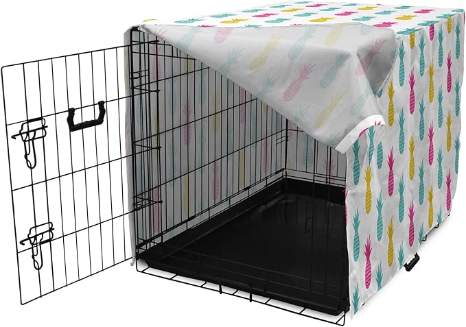 Lunarable Yellow Pineapple Dog Crate Cover, Rhythmic Ananas Fruits in Colorful Design Summer Tropical Concept, Easy to Use Pet Kennel Cover for Medium Large Dogs, 36 Inch, Turquoise Hot Pink