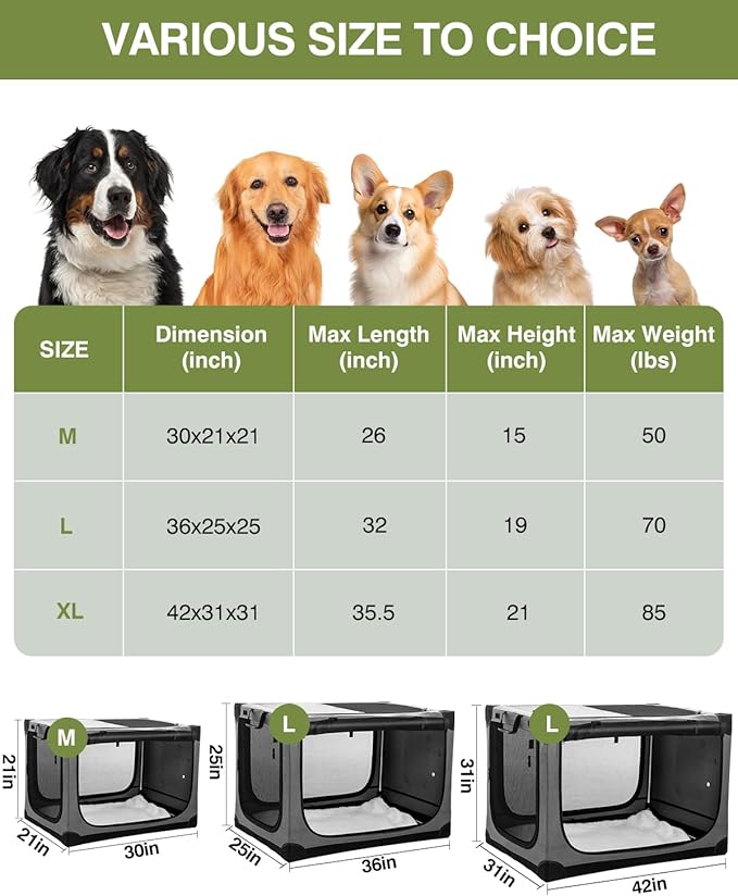 30-Inch Collapsible Travel Dog Crate, Portable 4-Door Soft Kennel for Medium to Large Dogs, Chew-Proof Mesh Windows, Indoor/Outdoor Use, Foldable, with Storage Bag (Grey)