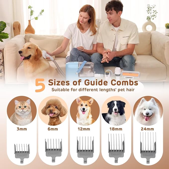 Dog Grooming Vacuum Kit - 3L Vacuum with 7 Tools, Low Noise Electric Clipper and Brush for Pet Shedding at Home, Blue