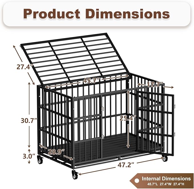 48 Inch Heavy Duty Dog Crate with Wheels，Indestructible Escape-Proof Dog Cage for Large Dogs, Extra Large XL XXL Indestructible Dog Crate with Removable Tray.