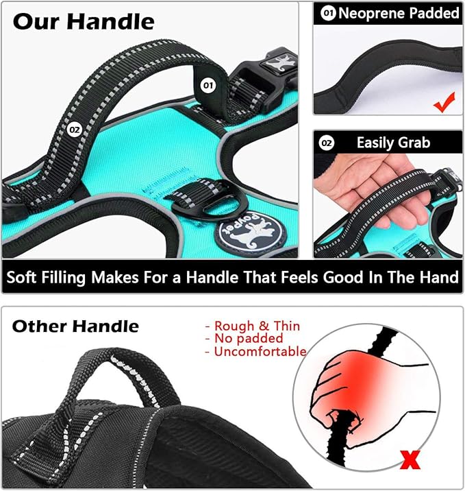 PoyPet No Pull Dog Harness, No Choke Front Clip Dog Reflective Harness, Adjustable Soft Padded Pet Vest with Easy Control Handle for Small to Large Dogs(Mint Blue,L)