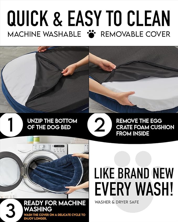 OhGeni Orthopedic Dog Bed for Large Dogs, Dog Couch Design with Egg Foam Support, Removable, Machine Washable Plush Cover and Non-Slip Bottom with Four Sided Bolster Cushion (Dark Blue)