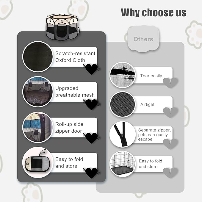 Portable Dog Playpen, Pet Play Pen for Indoor Outdoor Cat, Adult Kitten/Puppy Exercise Playpen Tent Birthing Box, Waterproof Travel Dog Camping Cage for Medium Large Dog Animal House (Grey)