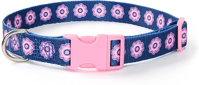 Mile High Life Dog Collar | Cute Puppy Collars | Lightweight Girl Dog Collar | Soft Boy Dog Collars | w Geometric Plaid Wave Line Pattern (Pink Flower, Large)