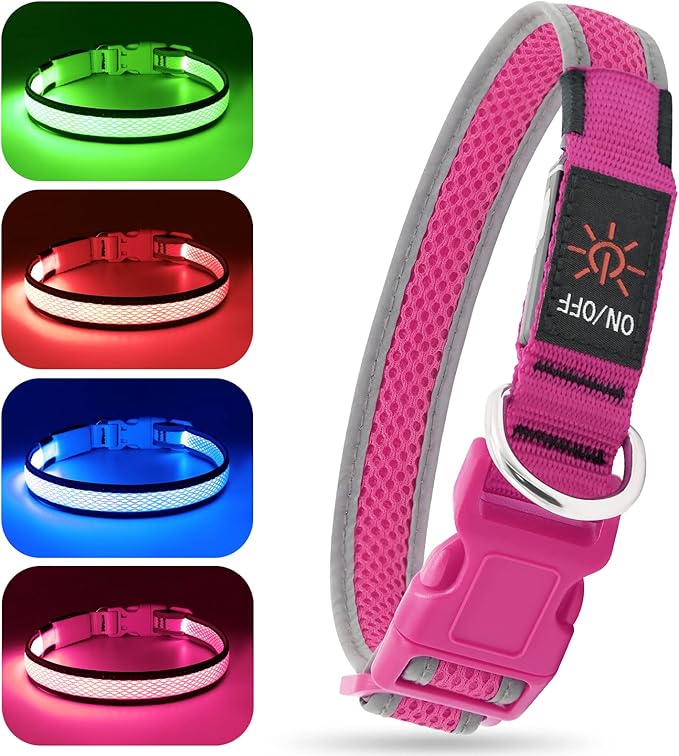 BSEEN Light Up Dog Collars - Reflective LED Dog Collar, Adjustable Puppy Collar, Rechargeable Dog Camping Gear Dog Collar Light for Small Medium Large Dogs (Large, Pink)